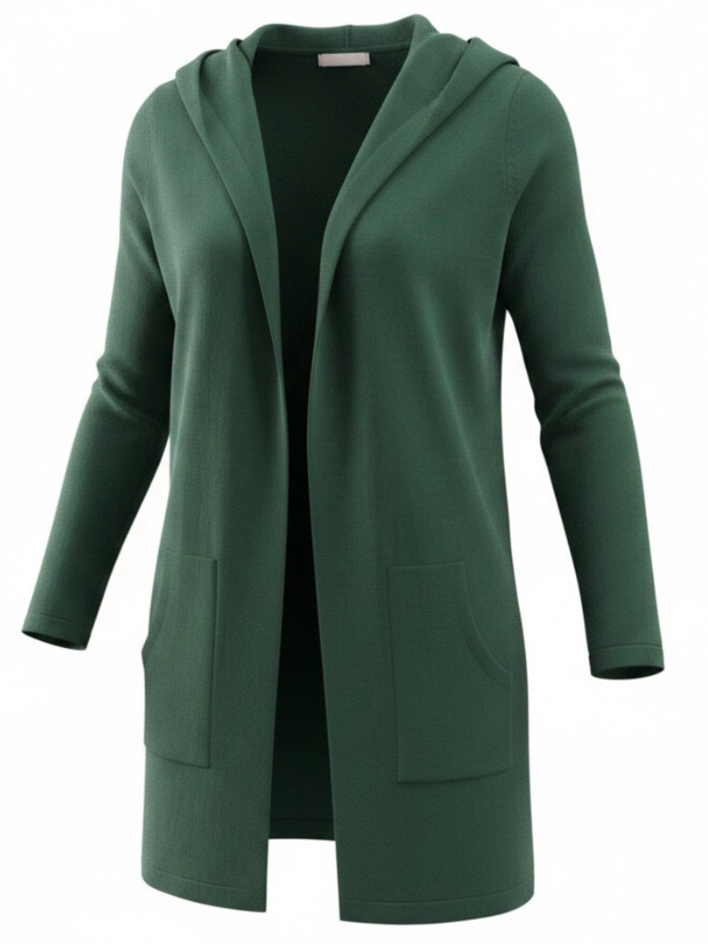 Cyrus Hooded Midi-length Open-Front Cardigan with Pockets in Deep Green